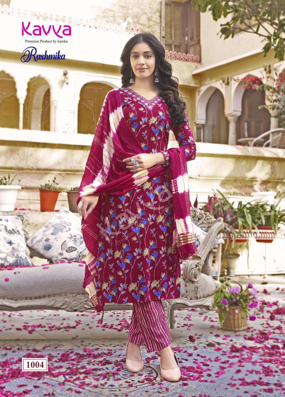 RASHMIKA VOL-1 BY KAVYA RAYON FABRIC STRAIGHT PRINTED KURTI TOP BOTTOM WITH CHANDERI DUPATTA 
