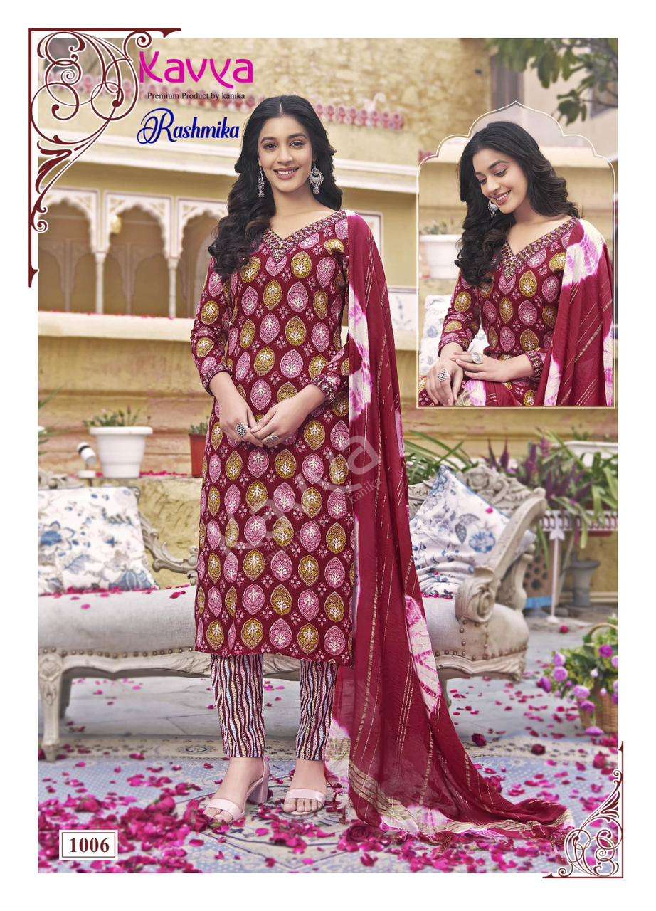 RASHMIKA VOL-1 BY KAVYA RAYON FABRIC STRAIGHT PRINTED KURTI TOP BOTTOM WITH CHANDERI DUPATTA 