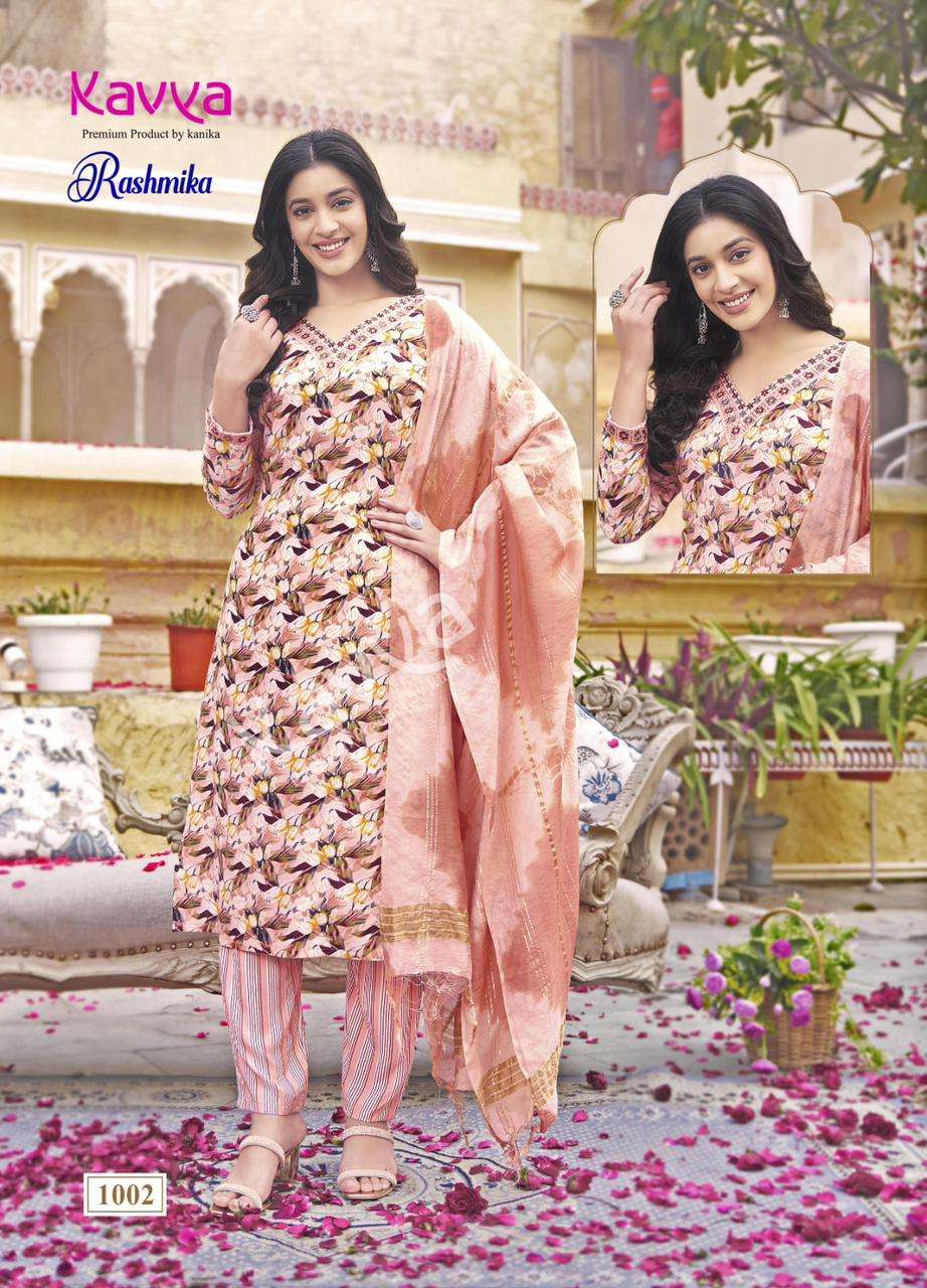 RASHMIKA VOL-1 BY KAVYA RAYON FABRIC STRAIGHT PRINTED KURTI TOP BOTTOM WITH CHANDERI DUPATTA 