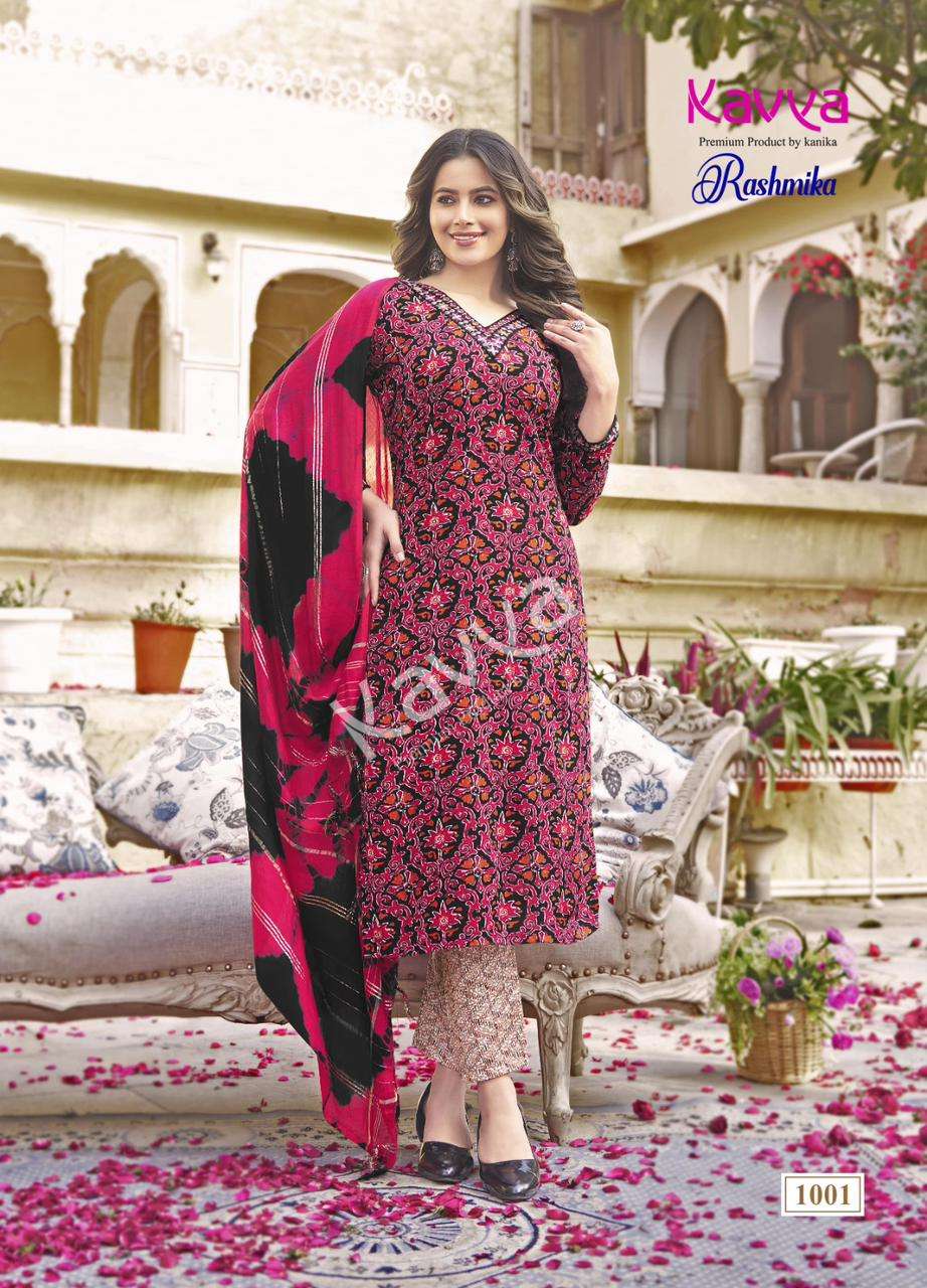 RASHMIKA VOL-1 BY KAVYA RAYON FABRIC STRAIGHT PRINTED KURTI TOP BOTTOM WITH CHANDERI DUPATTA 
