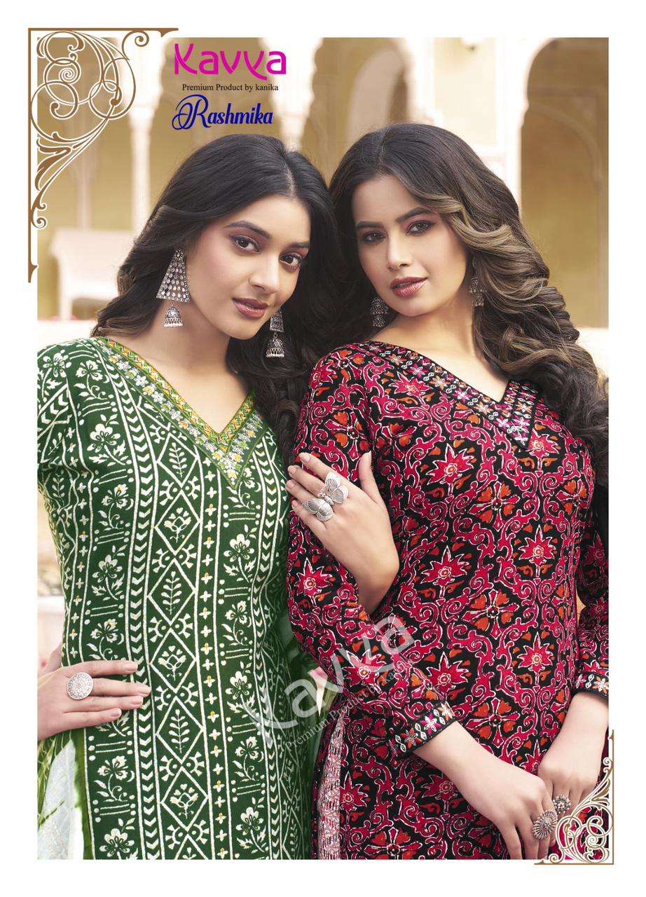 RASHMIKA VOL-1 BY KAVYA RAYON FABRIC STRAIGHT PRINTED KURTI TOP BOTTOM WITH CHANDERI DUPATTA 