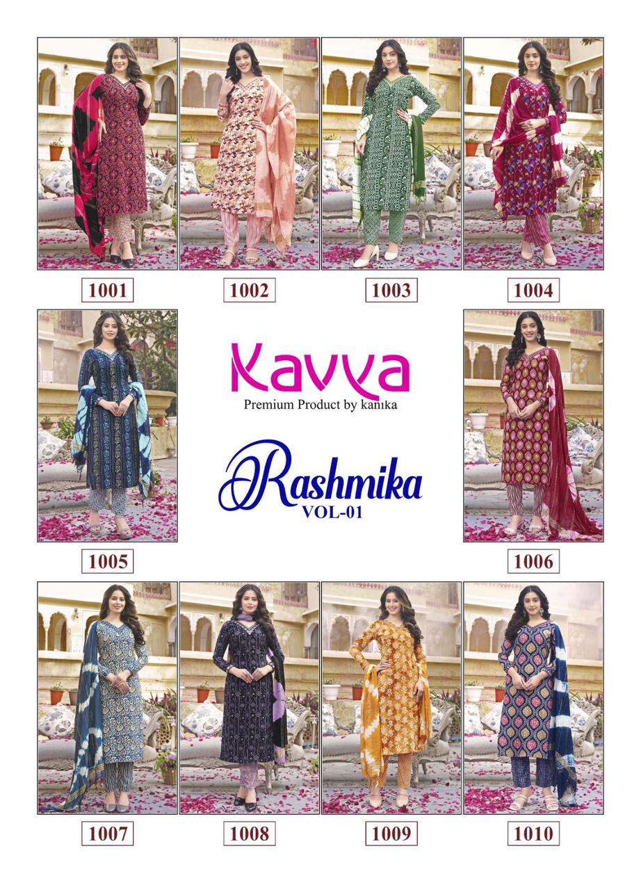 RASHMIKA VOL-1 BY KAVYA RAYON FABRIC STRAIGHT PRINTED KURTI TOP BOTTOM WITH CHANDERI DUPATTA 