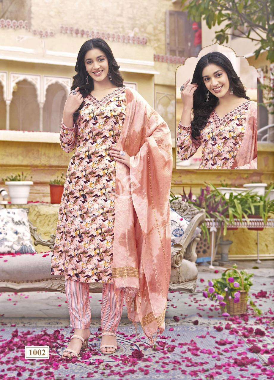 RASHMIKA VOL-1 DESIGN NO- 1002 BY KAVYA RAYON STRAIGHT CUT V NECK PRINTED KURTI PANT WITH DUPATTA 
