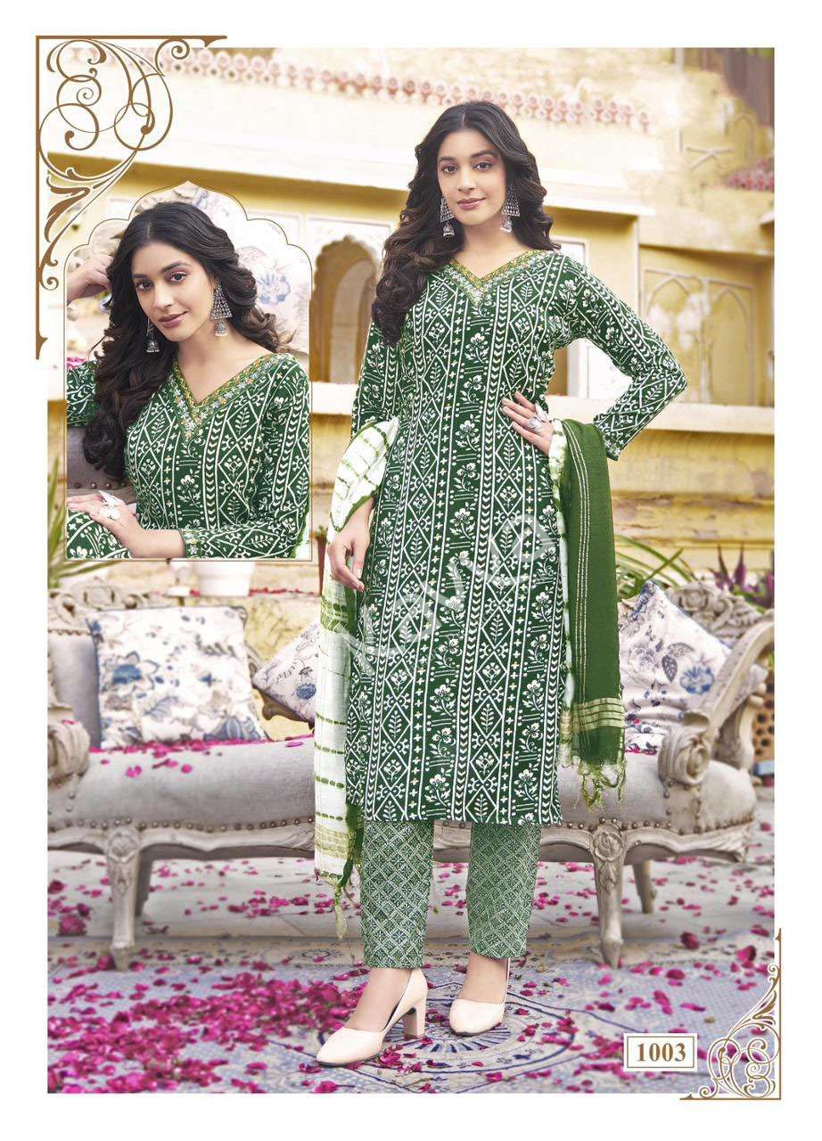 RASHMIKA VOL-1 DESIGN NO- 1003 BY KAVYA RAYON STRAIGHT CUT V NECK PRINTED KURTI PANT WITH DUPATTA 