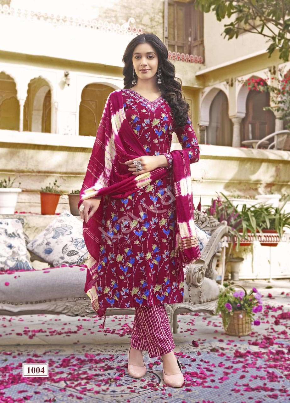 RASHMIKA VOL-1 DESIGN NO- 1004 BY KAVYA RAYON STRAIGHT CUT V NECK PRINTED KURTI PANT WITH DUPATTA 