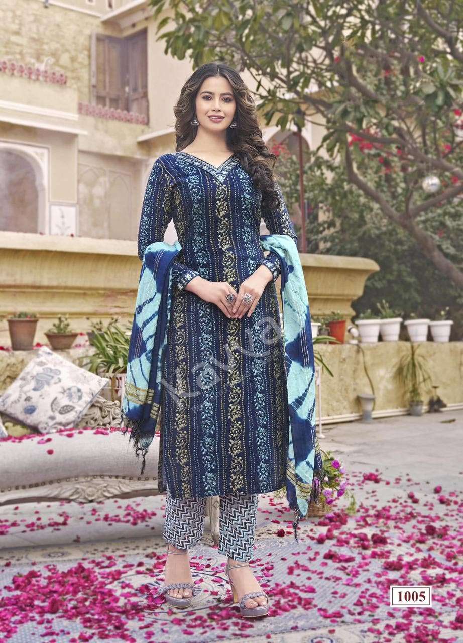 RASHMIKA VOL-1 DESIGN NO- 1005 BY KAVYA RAYON STRAIGHT CUT V NECK PRINTED KURTI PANT WITH DUPATTA 