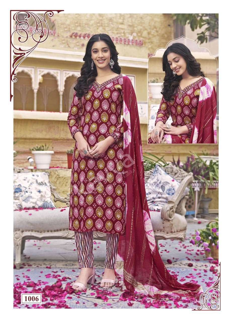RASHMIKA VOL-1 DESIGN NO- 1006 BY KAVYA RAYON STRAIGHT CUT V NECK PRINTED KURTI PANT WITH DUPATTA 