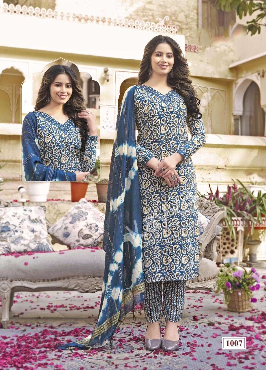 RASHMIKA VOL-1 DESIGN NO- 1007 BY KAVYA RAYON STRAIGHT CUT V NECK PRINTED KURTI PANT WITH DUPATTA 