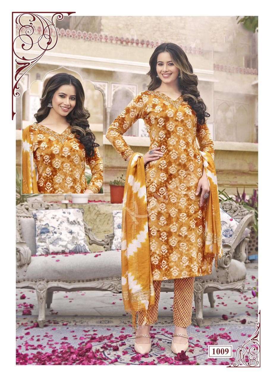RASHMIKA VOL-1 DESIGN NO- 1009 BY KAVYA RAYON STRAIGHT CUT V NECK PRINTED KURTI PANT WITH DUPATTA 