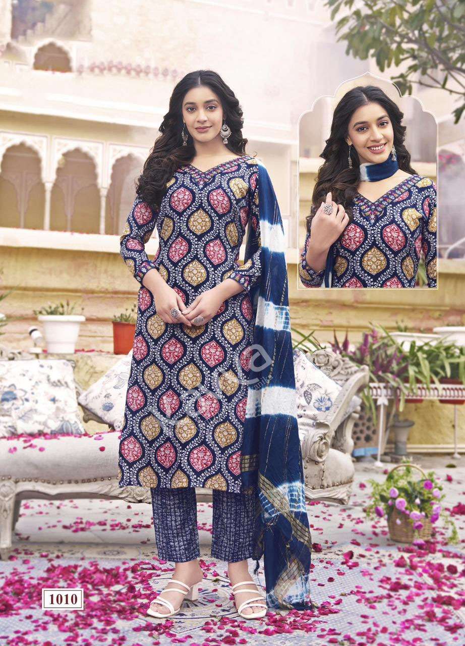 RASHMIKA VOL-1 DESIGN NO- 1010 BY KAVYA RAYON STRAIGHT CUT V NECK PRINTED KURTI PANT WITH DUPATTA 
