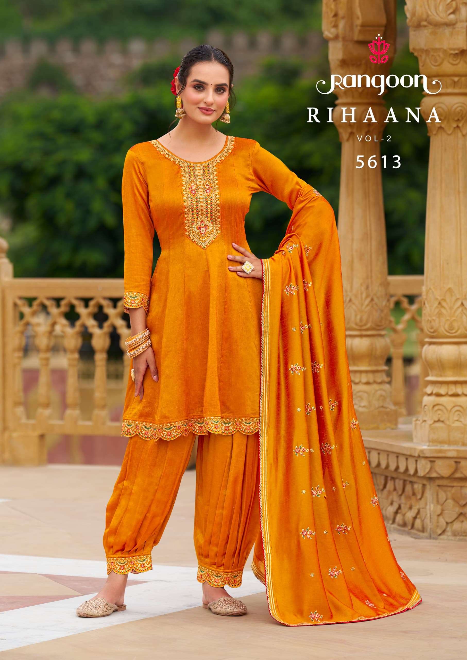 RIHANNA VOL-2 BY RANGOON FANCY SILK FABRIC & WORK KURTI DUPATTA WITH AFGHANI PANT 