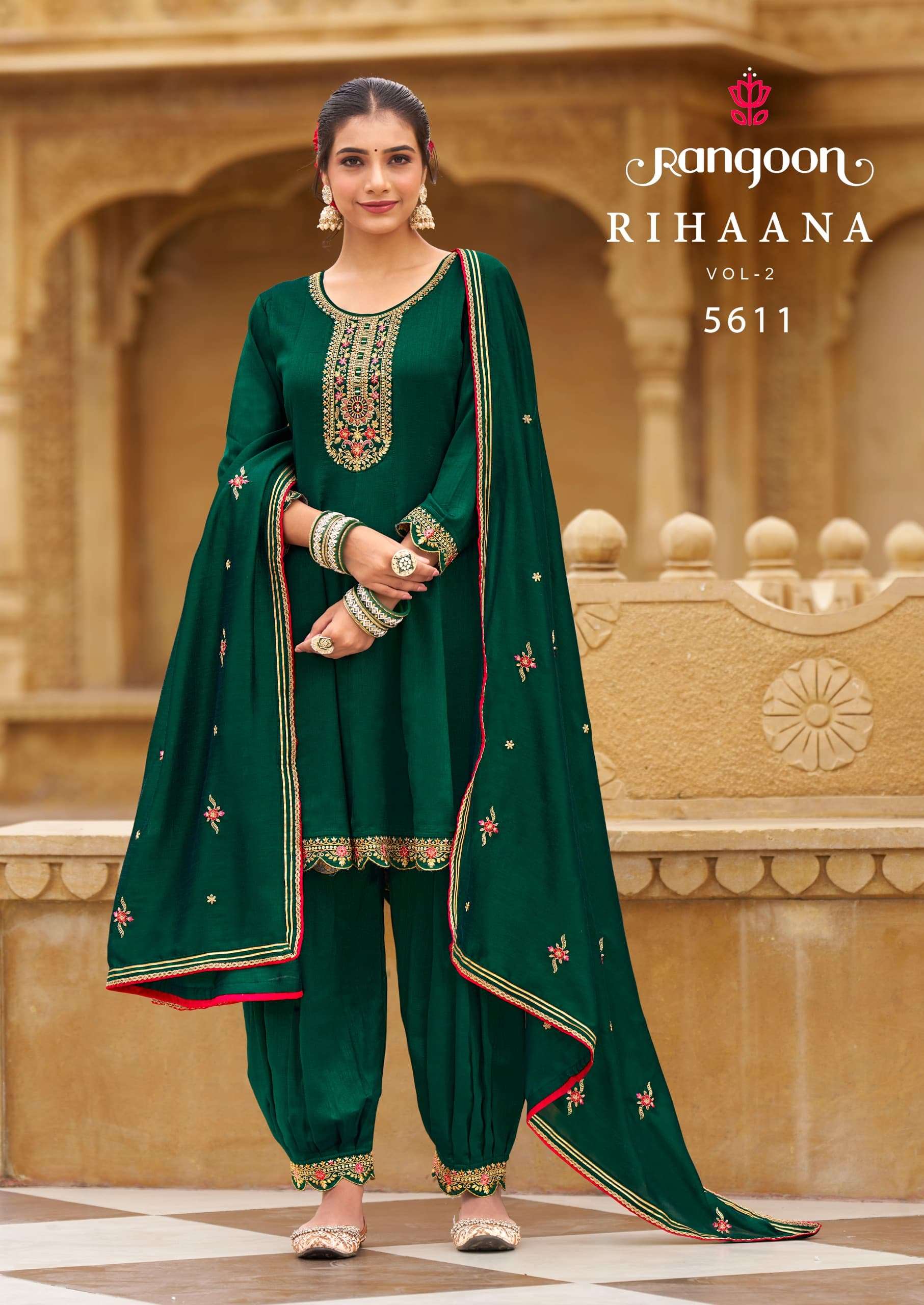 RIHANNA VOL-2 BY RANGOON FANCY SILK FABRIC & WORK KURTI DUPATTA WITH AFGHANI PANT 