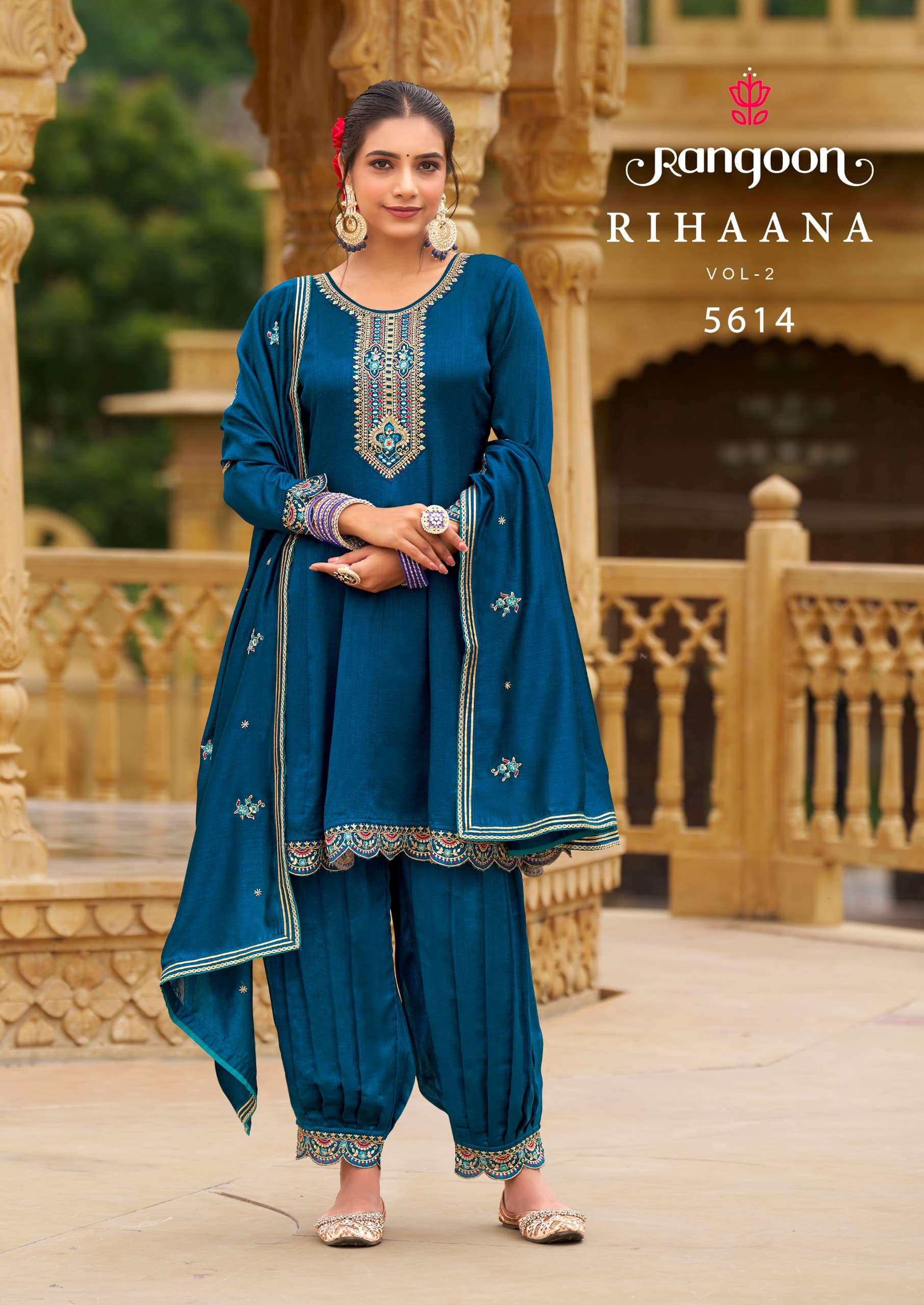 RIHANNA VOL-2 BY RANGOON FANCY SILK FABRIC & WORK KURTI DUPATTA WITH AFGHANI PANT 