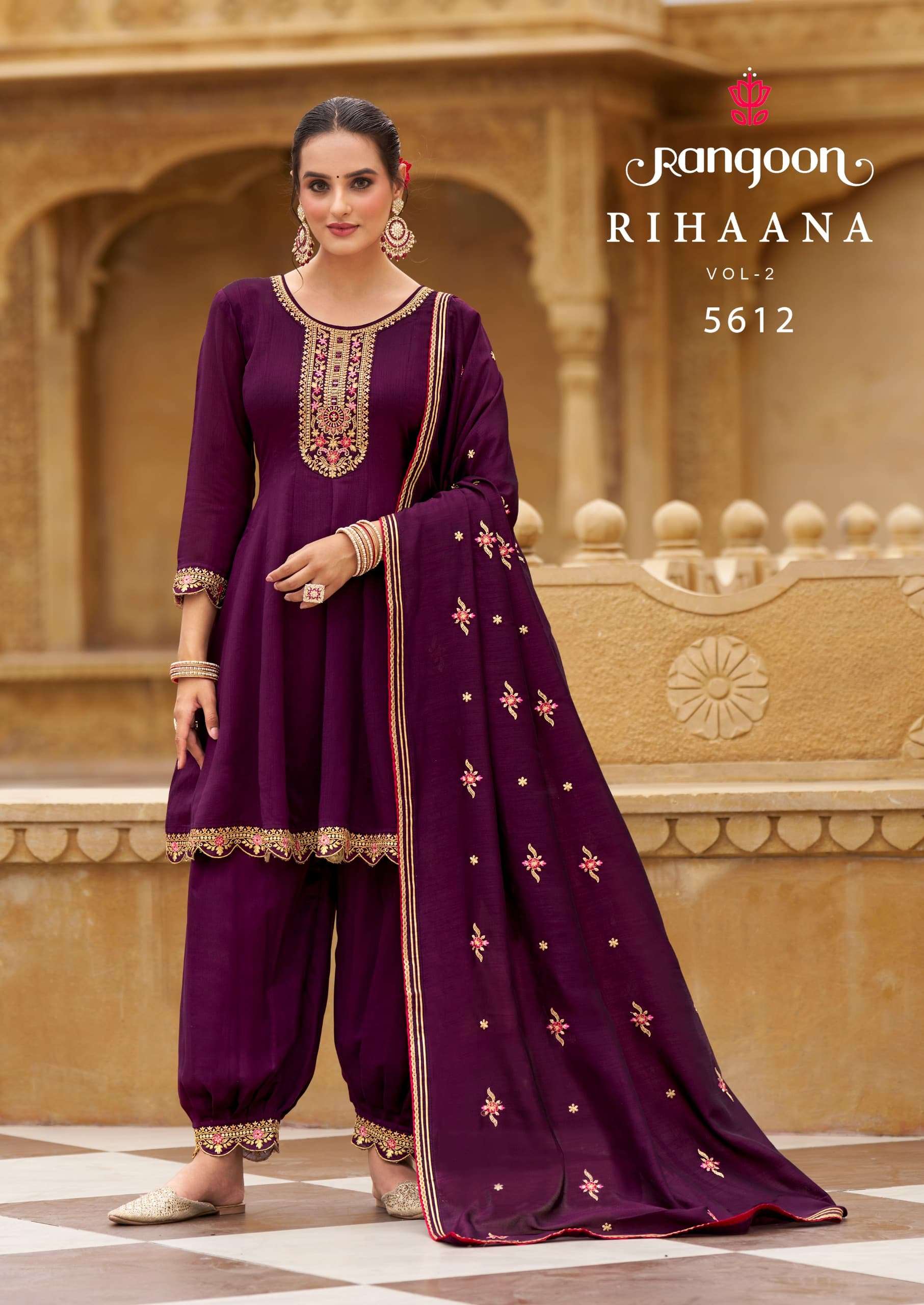 RIHANNA VOL-2 BY RANGOON FANCY SILK FABRIC & WORK KURTI DUPATTA WITH AFGHANI PANT 