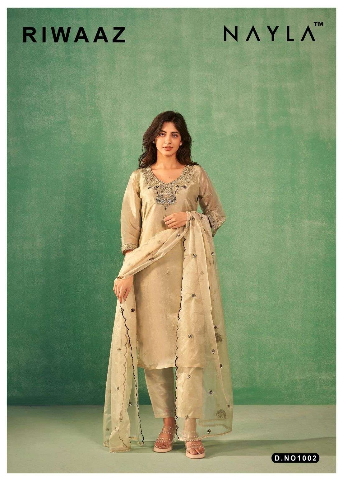 RIWAAZ BY NAYLA GOLD SILK HEAVY KHATLI WORK KURTI PANT WITH CUTWORK HEAVY DUPATTA 