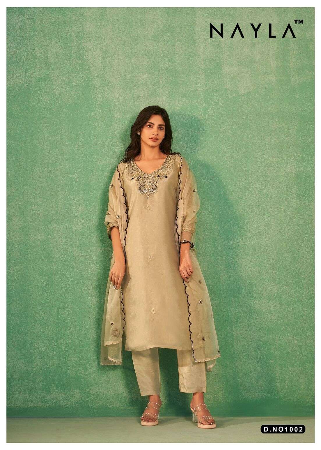 RIWAAZ BY NAYLA GOLD SILK HEAVY KHATLI WORK KURTI PANT WITH CUTWORK HEAVY DUPATTA 