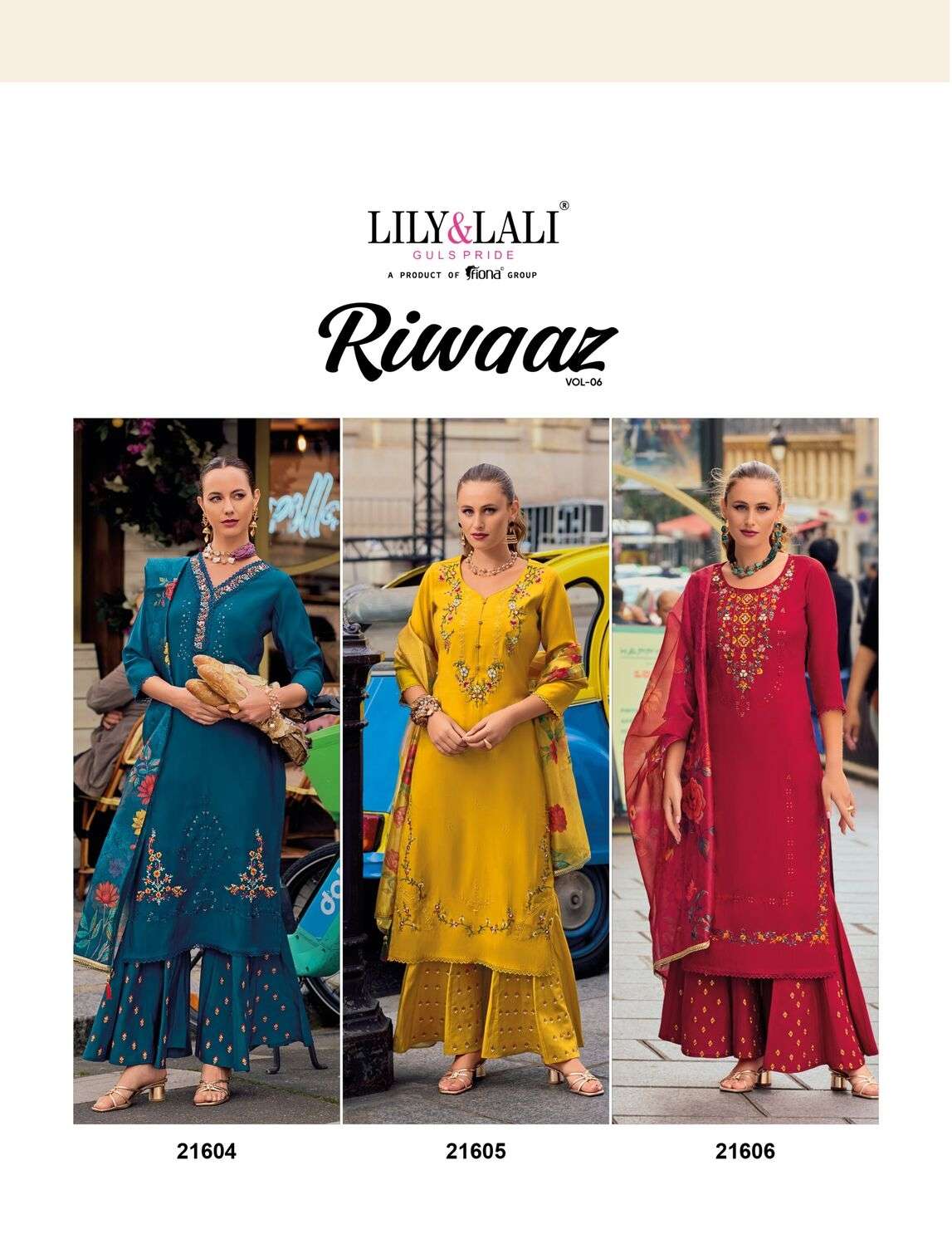 RIWAAZ VOL-6 BY LILY & LALI EMBROIDERY KALI WORK ON MILAN SILK KURTI PLAZO WITH DUPATTA 