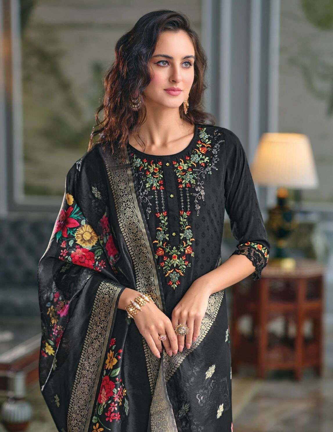 RUBAB BY LILY & LALI SELF JACQUARD VISCOSE SILK EMBROIDERY LACE WITH KURTI PANT & DUPATTA 