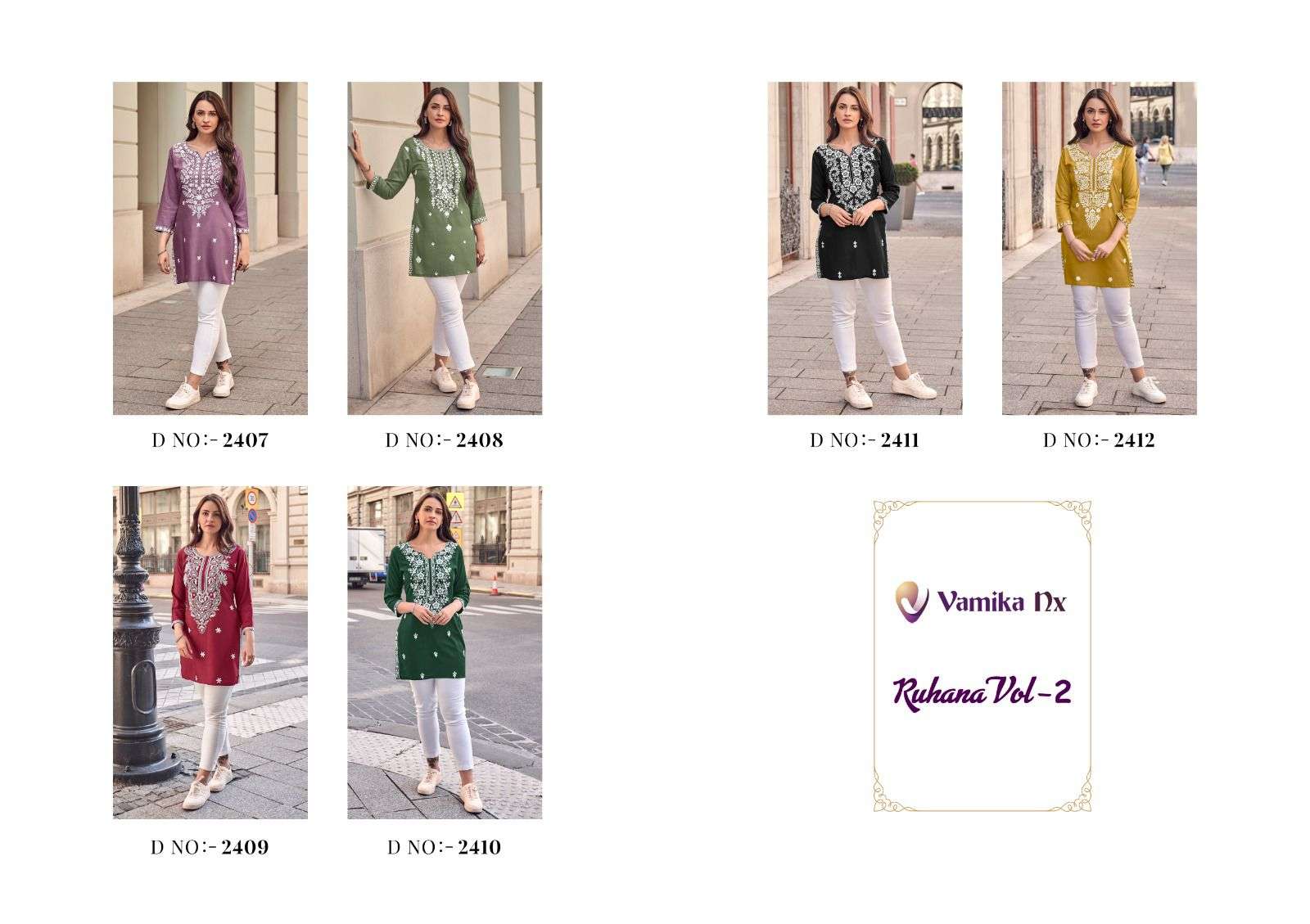 RUHANA VOL-2 BY VAMIKA HEAVY RAYON WHITE THREAD WORK STYLISH SHORT TUNICS 