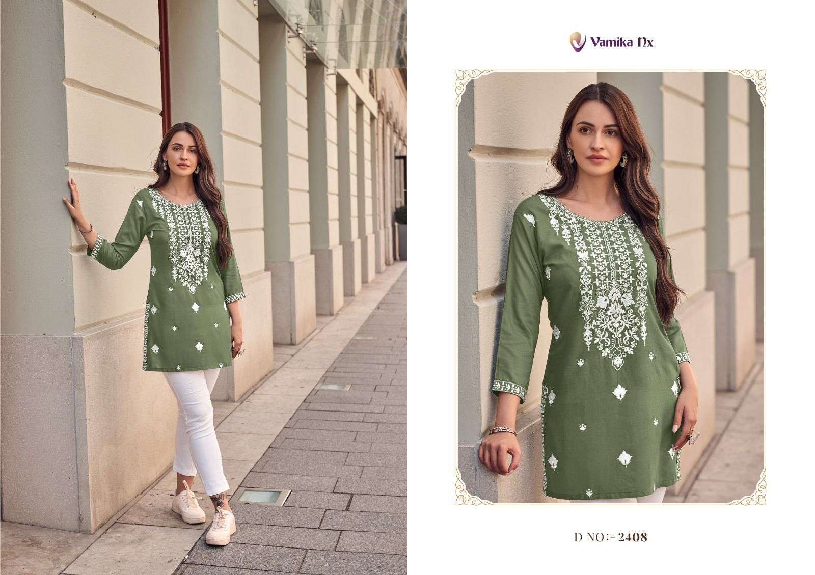 RUHANA VOL-2 BY VAMIKA HEAVY RAYON WHITE THREAD WORK STYLISH SHORT TUNICS 