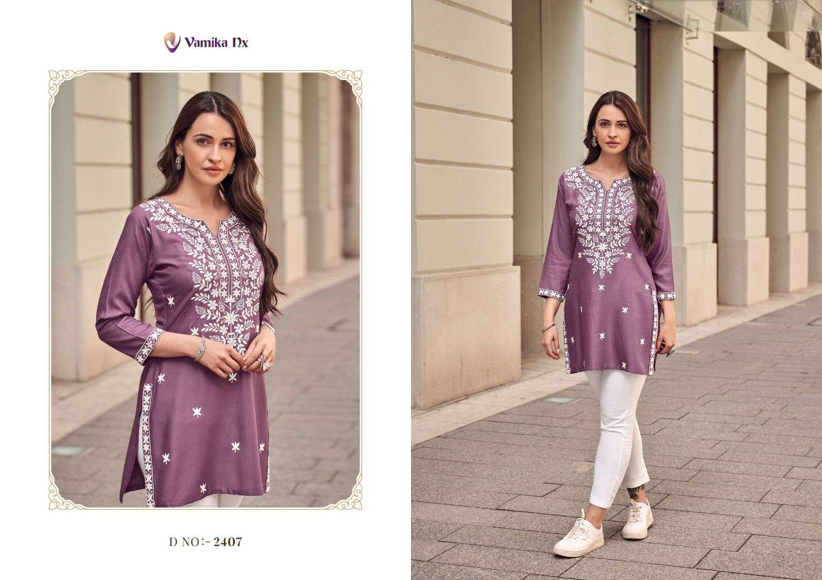 RUHANA VOL-2 BY VAMIKA HEAVY RAYON WHITE THREAD WORK STYLISH SHORT TUNICS 