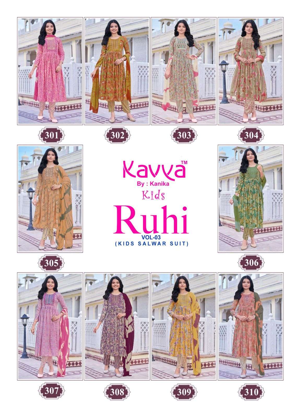 RUHI VOL-3 BY KAVYA CAPSULE FOIL PRINT UMBRELLA CUT EMBROIDERY WORK KURTI PANT WITH DUPATTA 