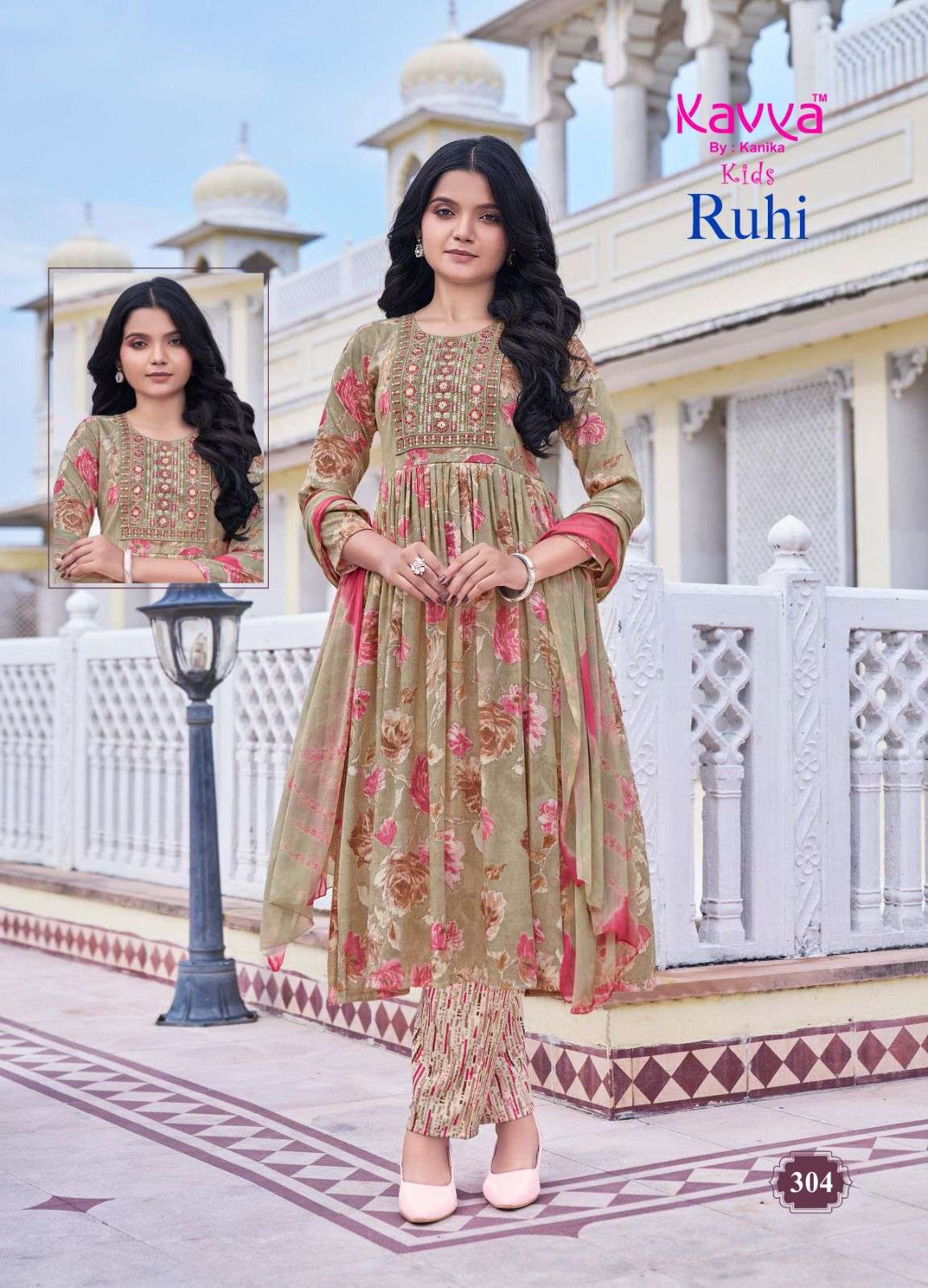 RUHI VOL-3 BY KAVYA CAPSULE FOIL PRINT UMBRELLA CUT EMBROIDERY WORK KURTI PANT WITH DUPATTA 