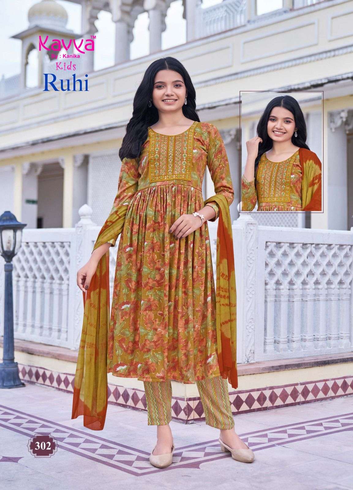 RUHI VOL-3 BY KAVYA CAPSULE FOIL PRINT UMBRELLA CUT EMBROIDERY WORK KURTI PANT WITH DUPATTA 