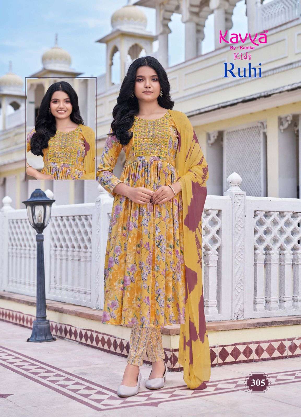 RUHI VOL-3 BY KAVYA CAPSULE FOIL PRINT UMBRELLA CUT EMBROIDERY WORK KURTI PANT WITH DUPATTA 