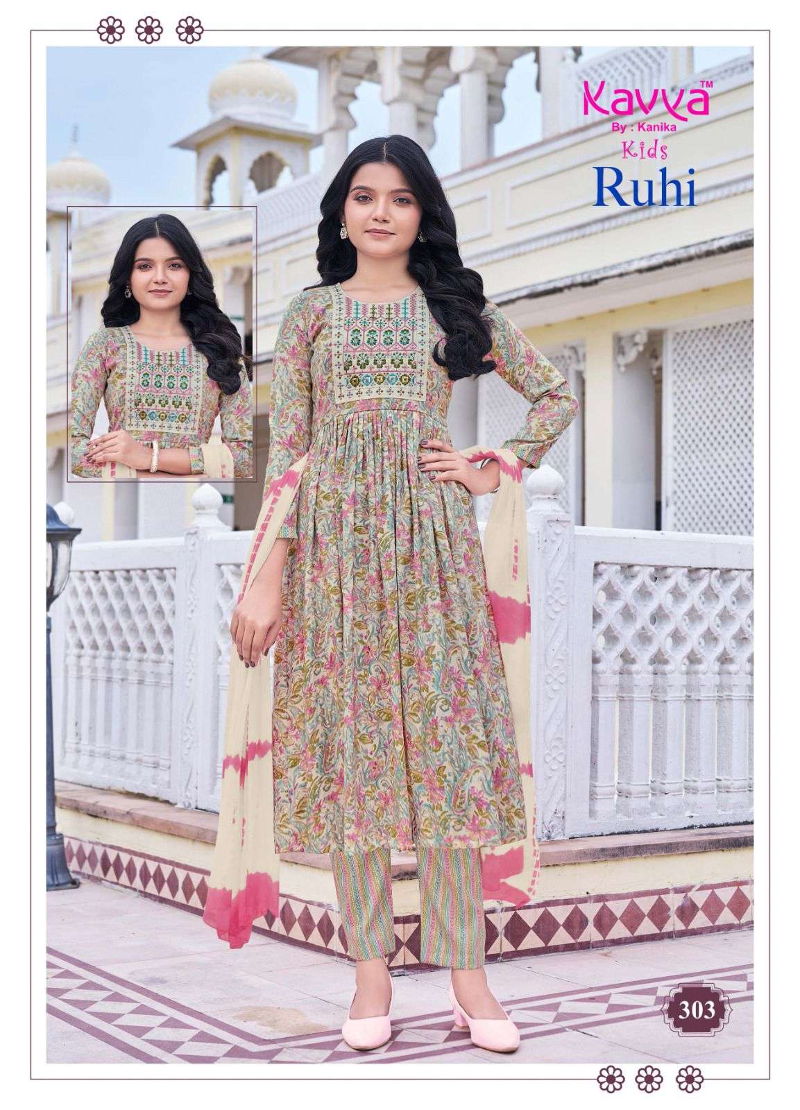 RUHI VOL-3 BY KAVYA CAPSULE FOIL PRINT UMBRELLA CUT EMBROIDERY WORK KURTI PANT WITH DUPATTA 