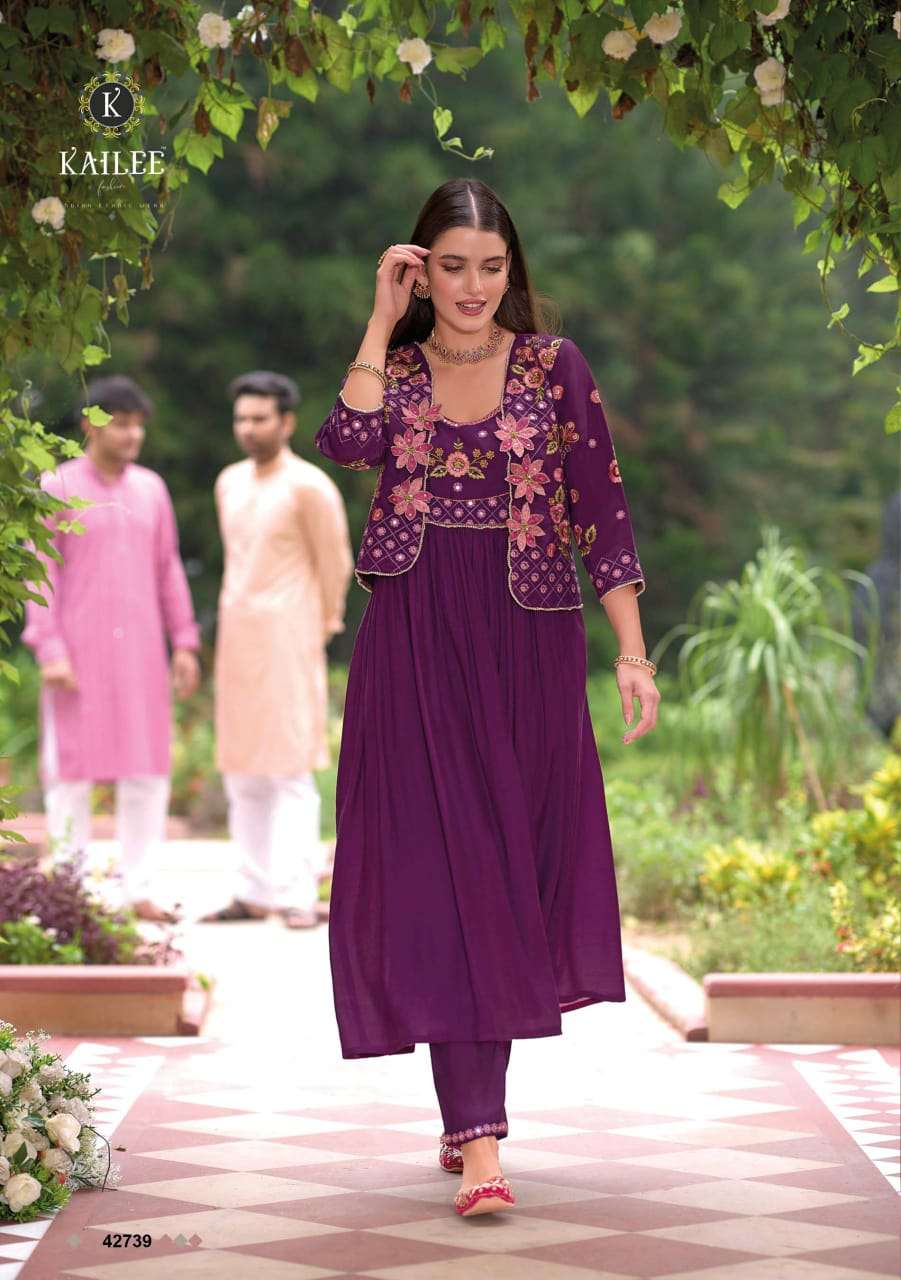 SAFAR BY KAILEE FASHION PURE VISCOSE SILK THREAD HANDWORK FULL STICHED GOWN PANT & KOTI 