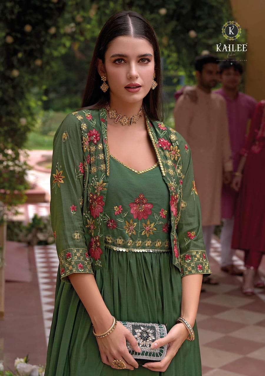 SAFAR BY KAILEE FASHION PURE VISCOSE SILK THREAD HANDWORK FULL STICHED GOWN PANT & KOTI 