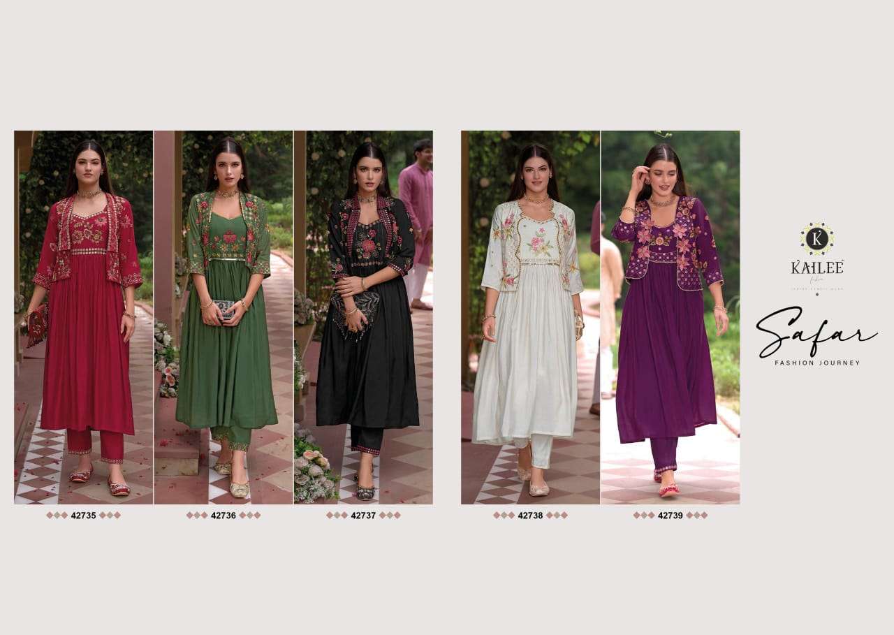 SAFAR BY KAILEE FASHION PURE VISCOSE SILK THREAD HANDWORK FULL STICHED GOWN PANT & KOTI 