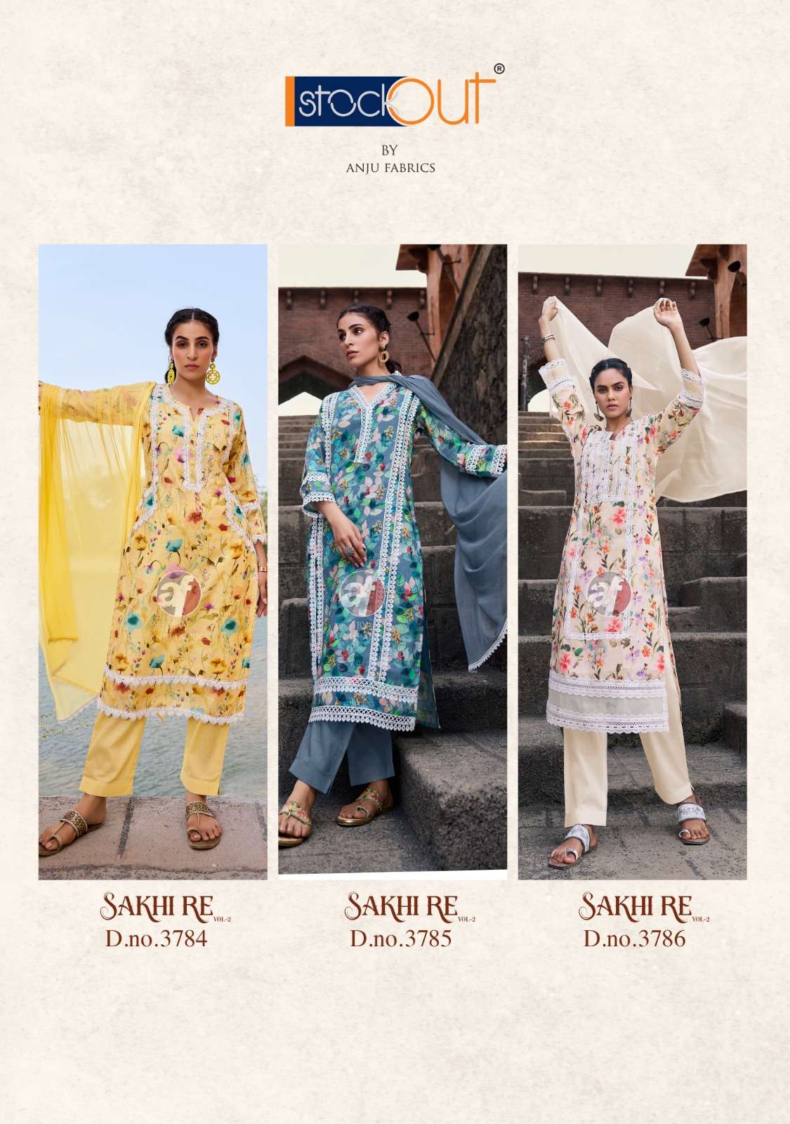 SAKHI RE VOL-2 BY ANJU FABRICS LINEN COTTON WITH DIGITAL PRINT BEAUTIFUL LACE WORK KURTI PANT WITH DUPATTA 