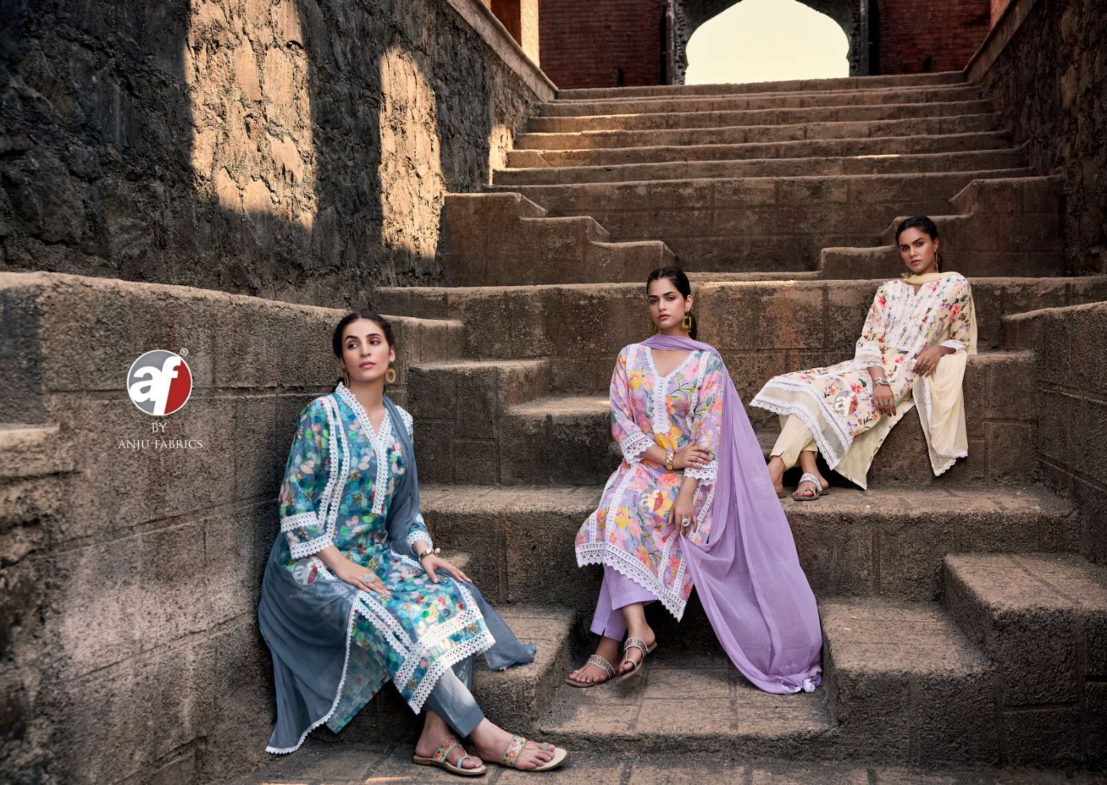 SAKHI RE VOL-2 BY ANJU FABRICS LINEN COTTON WITH DIGITAL PRINT BEAUTIFUL LACE WORK KURTI PANT WITH DUPATTA 