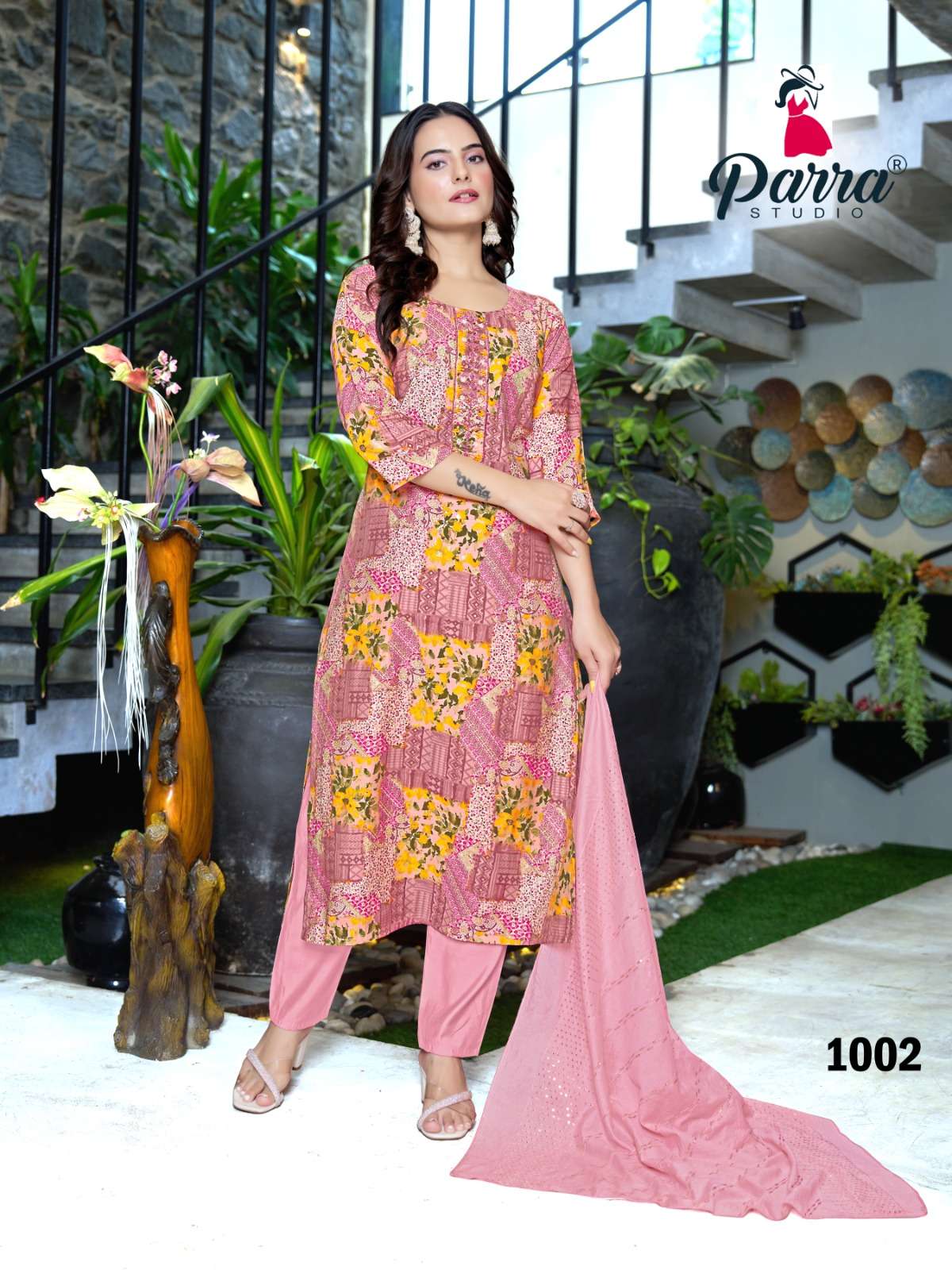 SALONI BY PARRA STUDIO MODAL CHANDERI MILL PRINT & KHATLI WORK KURTI PANT WITH CHANDERI DUPATTA 