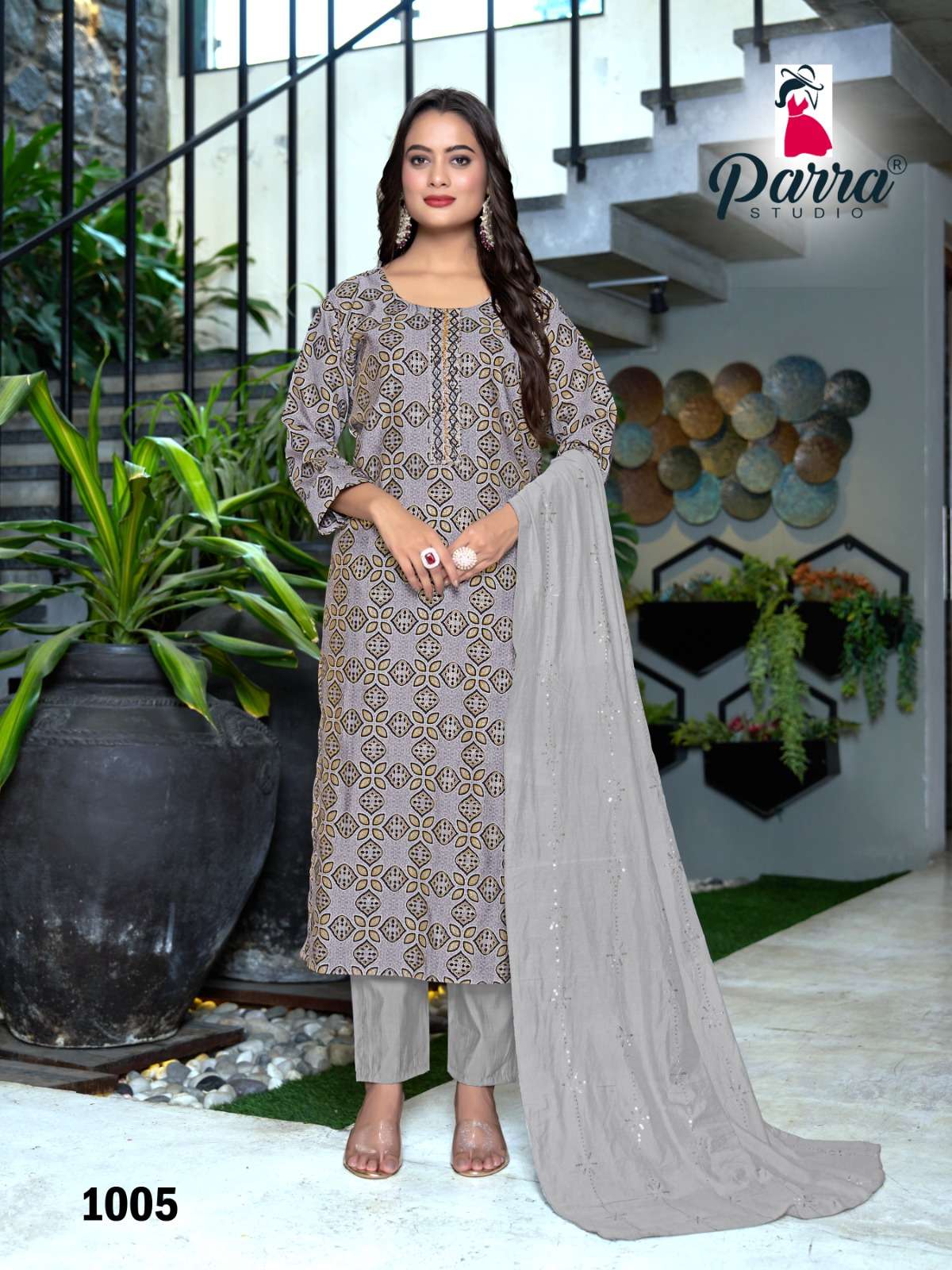 SALONI BY PARRA STUDIO MODAL CHANDERI MILL PRINT & KHATLI WORK KURTI PANT WITH CHANDERI DUPATTA 