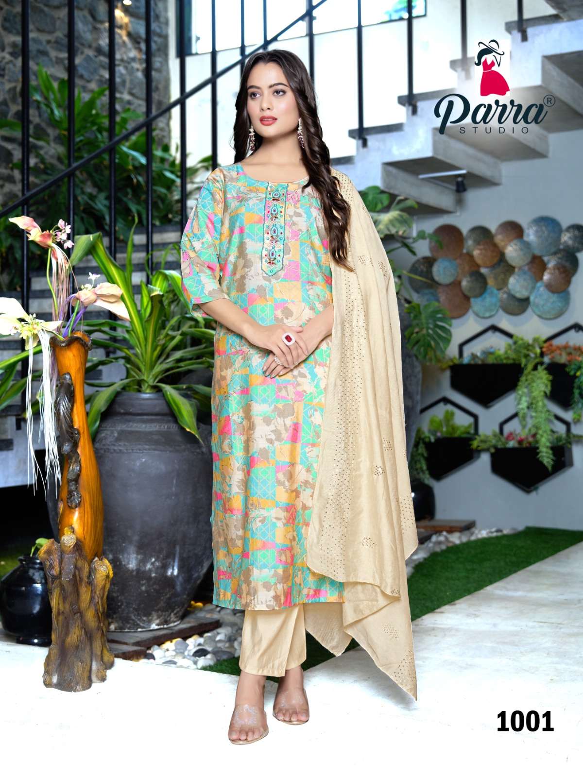 SALONI BY PARRA STUDIO MODAL CHANDERI MILL PRINT & KHATLI WORK KURTI PANT WITH CHANDERI DUPATTA 