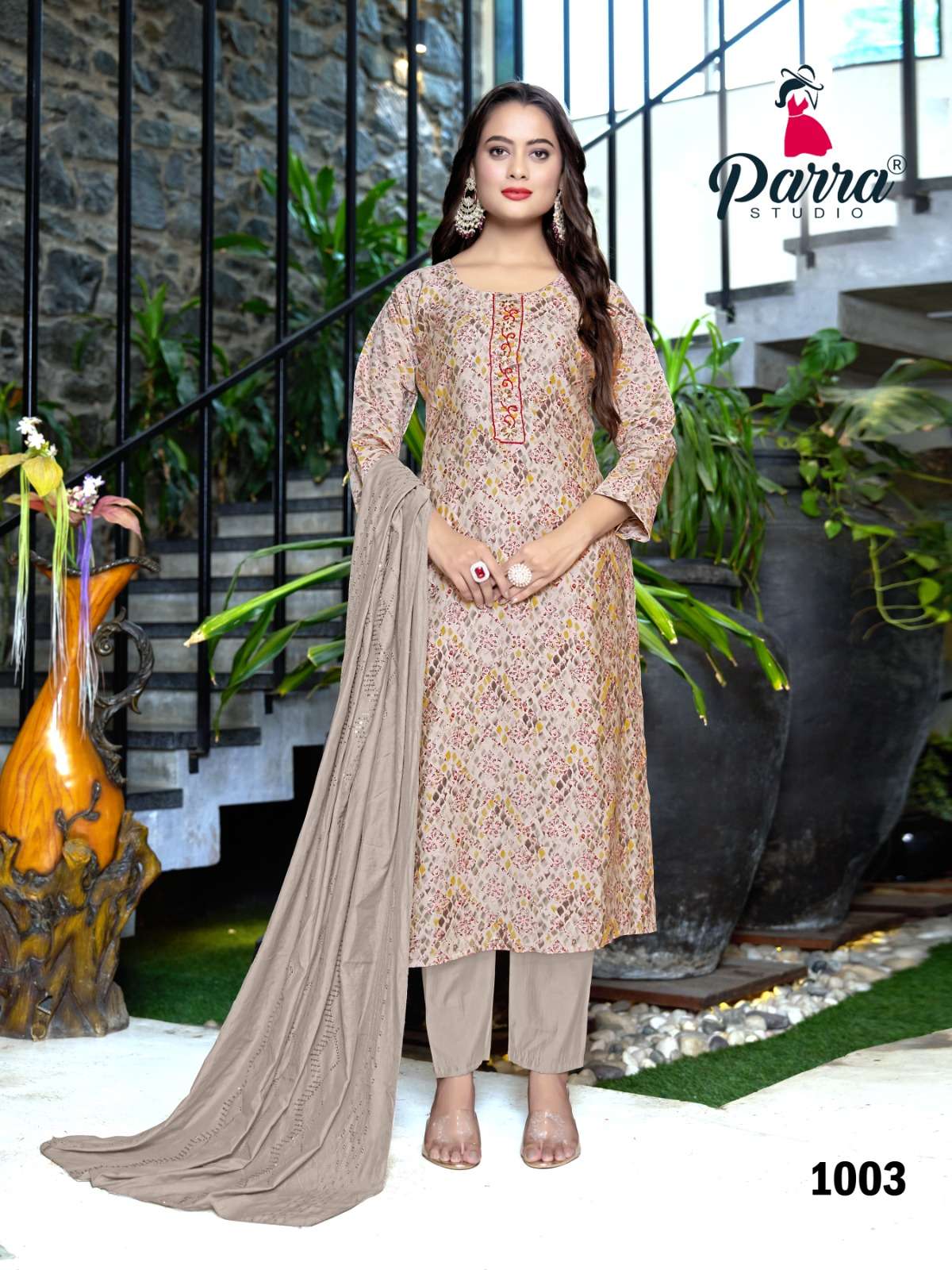 SALONI BY PARRA STUDIO MODAL CHANDERI MILL PRINT & KHATLI WORK KURTI PANT WITH CHANDERI DUPATTA 