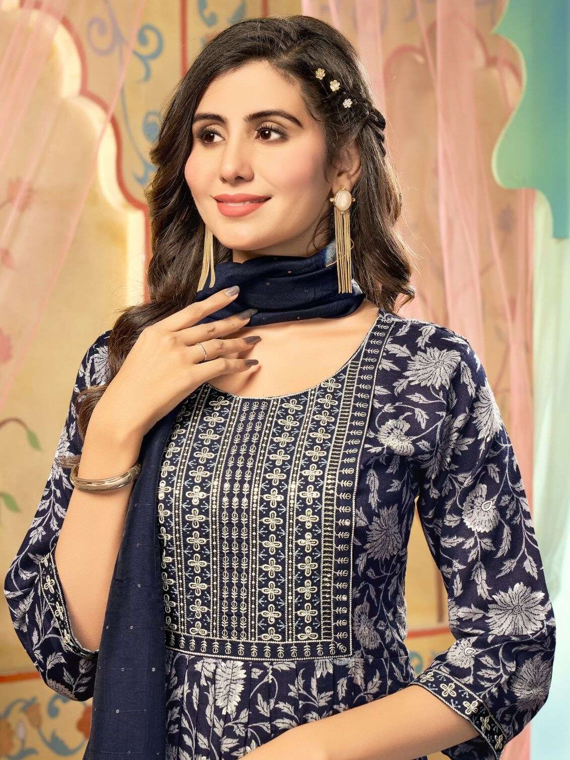 SARA BY JIYANA RAYON FOIL PRINT EMBROIDERY WORK KURTI PANT WITH HEAVY SIBORI SEQUENCE DUPATTA 