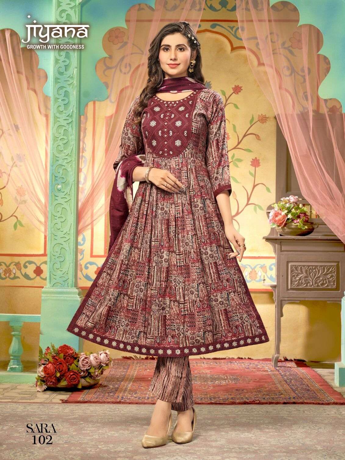 SARA BY JIYANA RAYON FOIL PRINT EMBROIDERY WORK KURTI PANT WITH HEAVY SIBORI SEQUENCE DUPATTA 