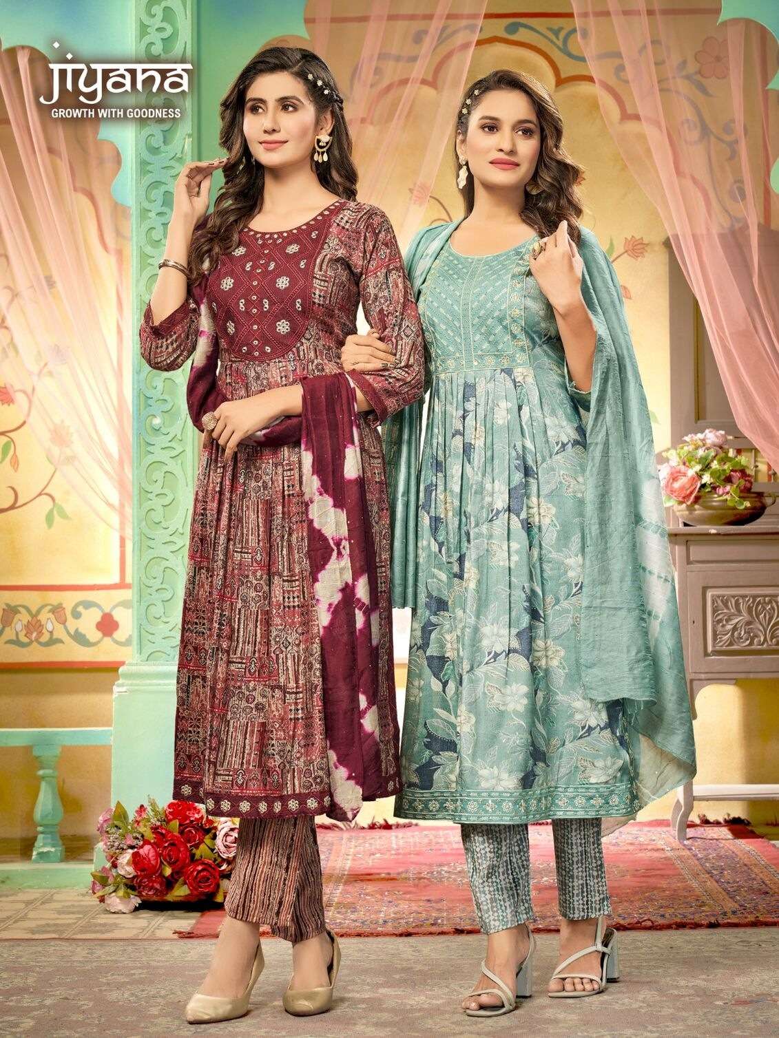 SARA BY JIYANA RAYON FOIL PRINT EMBROIDERY WORK KURTI PANT WITH HEAVY SIBORI SEQUENCE DUPATTA 