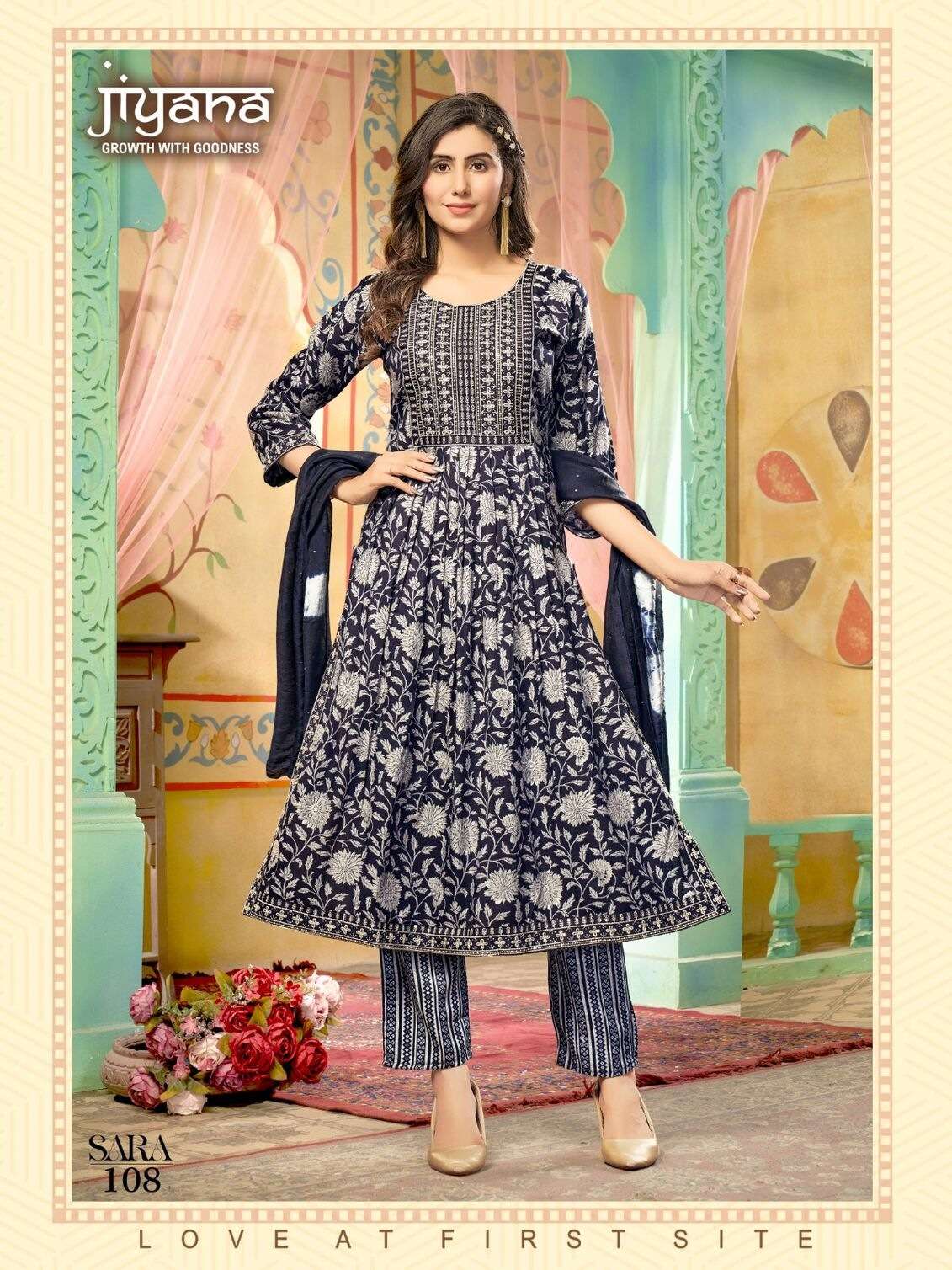SARA BY JIYANA RAYON FOIL PRINT EMBROIDERY WORK KURTI PANT WITH HEAVY SIBORI SEQUENCE DUPATTA 