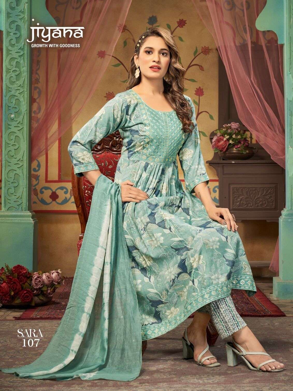 SARA BY JIYANA RAYON FOIL PRINT EMBROIDERY WORK KURTI PANT WITH HEAVY SIBORI SEQUENCE DUPATTA 