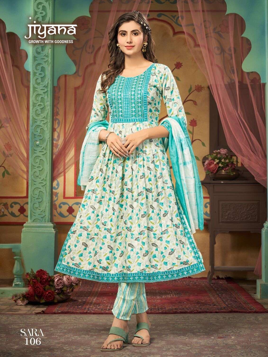 SARA BY JIYANA RAYON FOIL PRINT EMBROIDERY WORK KURTI PANT WITH HEAVY SIBORI SEQUENCE DUPATTA 