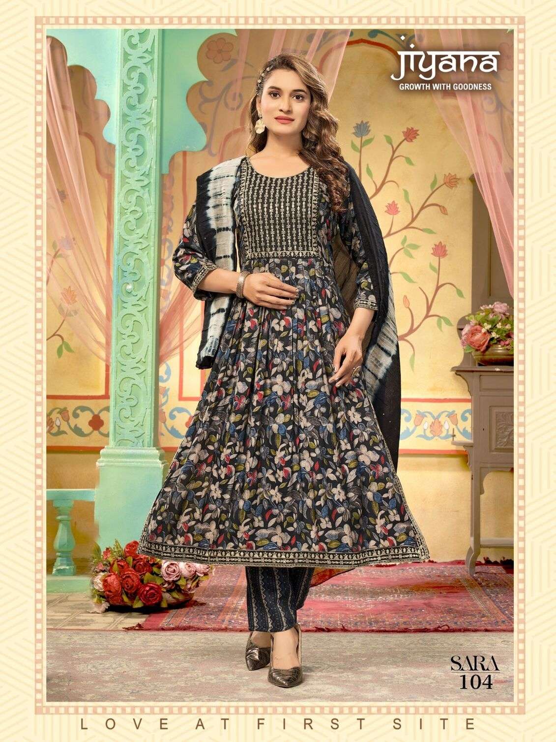 SARA BY JIYANA RAYON FOIL PRINT EMBROIDERY WORK KURTI PANT WITH HEAVY SIBORI SEQUENCE DUPATTA 