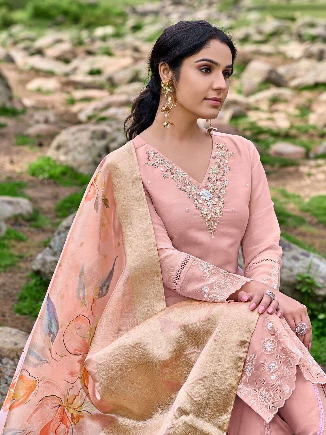 SHIMMER ORGANZA TULIP BY TEXOFAB KURTI PANT & DUPATTA EMBROIDEY HANDWORK WITH COTTON LINING 