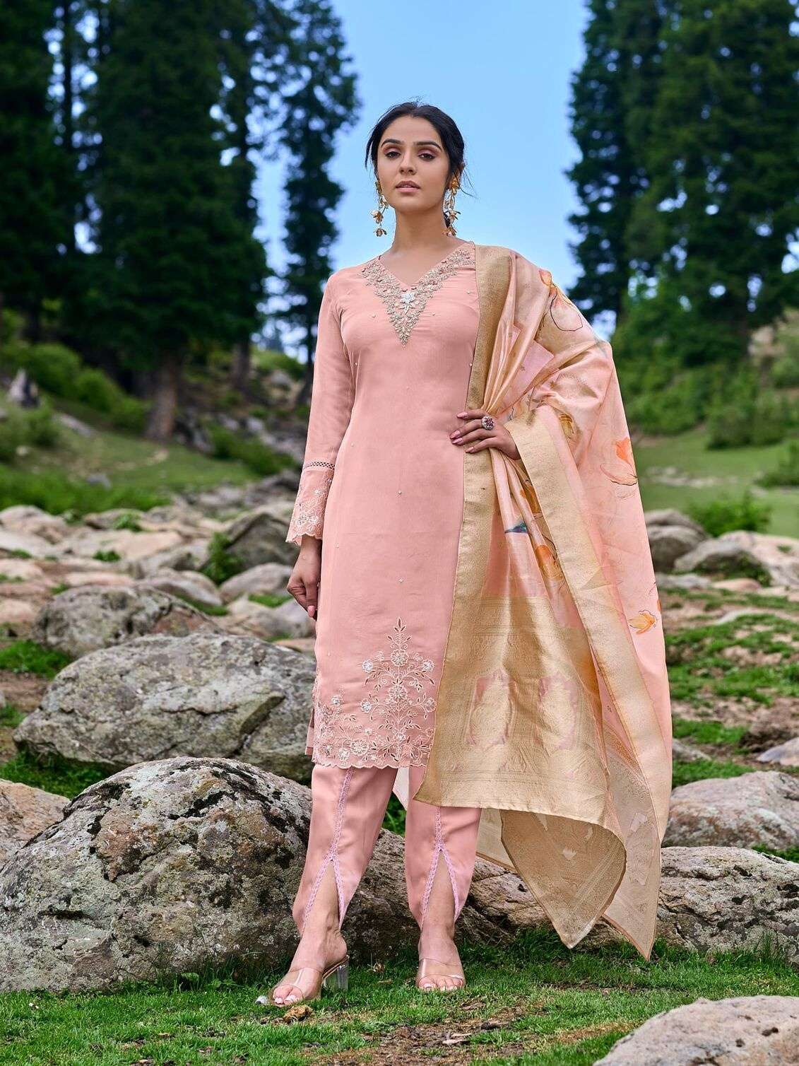 SHIMMER ORGANZA TULIP BY TEXOFAB KURTI PANT & DUPATTA EMBROIDEY HANDWORK WITH COTTON LINING 