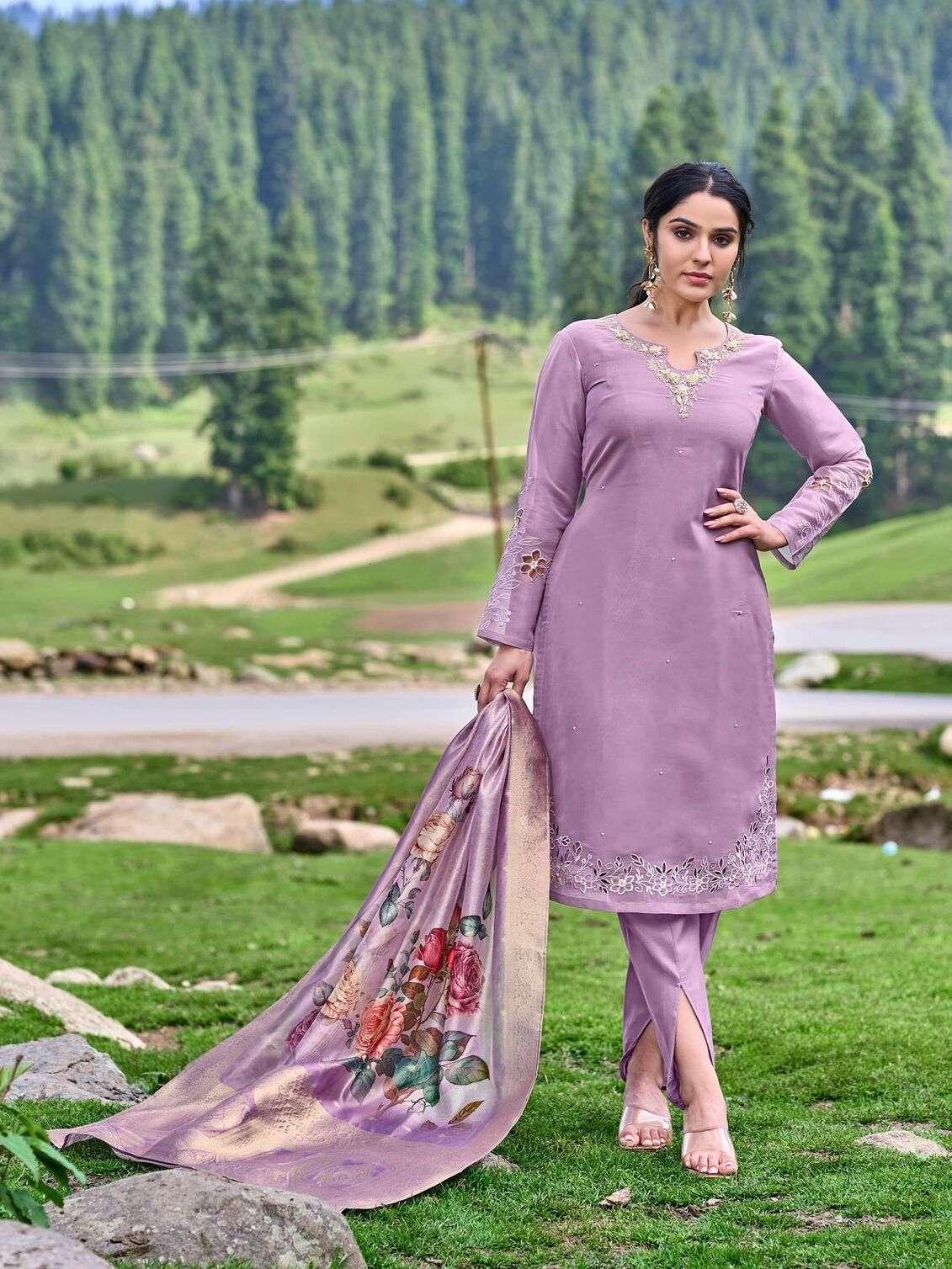 SHIMMER ORGANZA TULIP BY TEXOFAB KURTI PANT & DUPATTA EMBROIDEY HANDWORK WITH COTTON LINING 