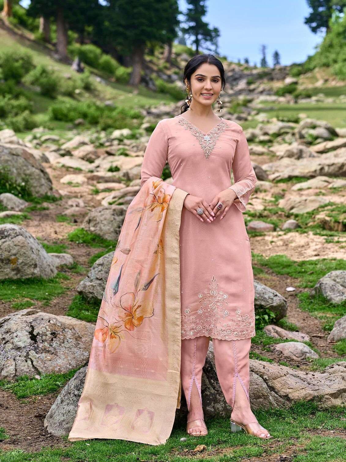 SHIMMER ORGANZA TULIP BY TEXOFAB KURTI PANT & DUPATTA EMBROIDEY HANDWORK WITH COTTON LINING 